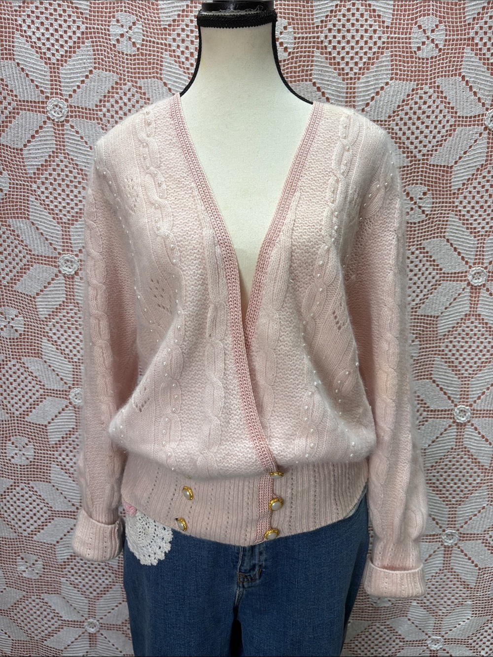 Vintage Sideffects 80s Angora Blend Pearl Cable Knit Cardigan – Pink